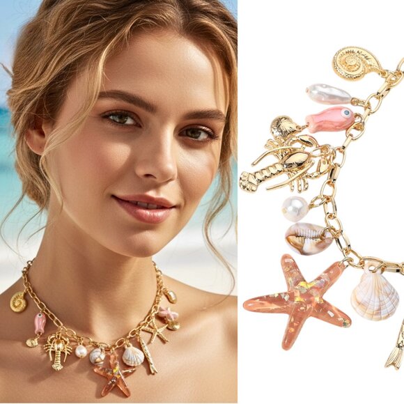 Modcloth Jewelry - Seaside Wishes Starfish Kisses 14K Gold Plate Paperclip Chain Charm Necklace SET